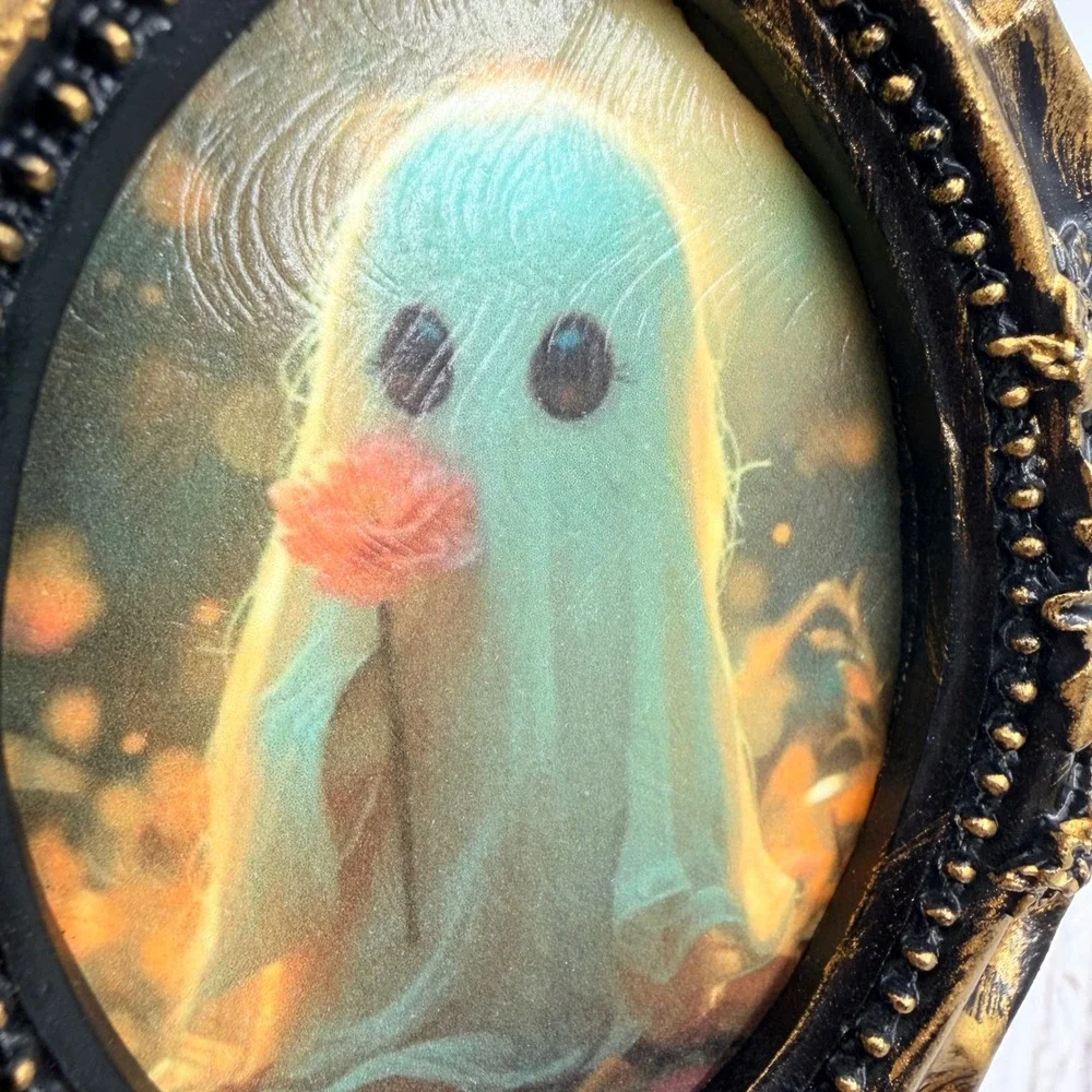 Whimsical Ghost Decoupage Art Print Ornate Black Gold Resin Frame 4.5